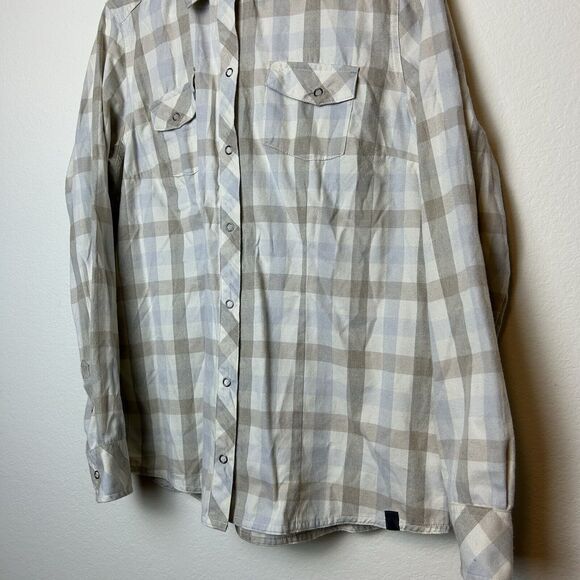 LL Bean Shirt Womens Medium Tan White Flannel Snap Front Casual Outdoor Normcore - Picture 4 of 13
